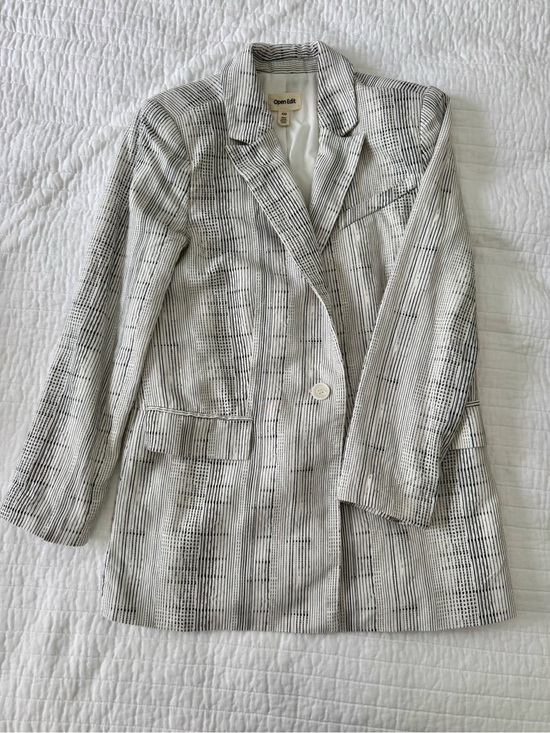 Open Edit Jackets & Blazers - Open Edit Oversized Linen Blazer Ivory & Black Linear Stripe